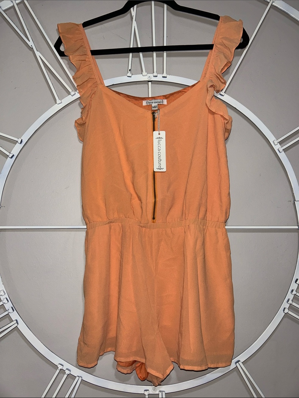 NWT Lucca Couture Peach Sleeveless Ruffle Strap Romper with Front Zip